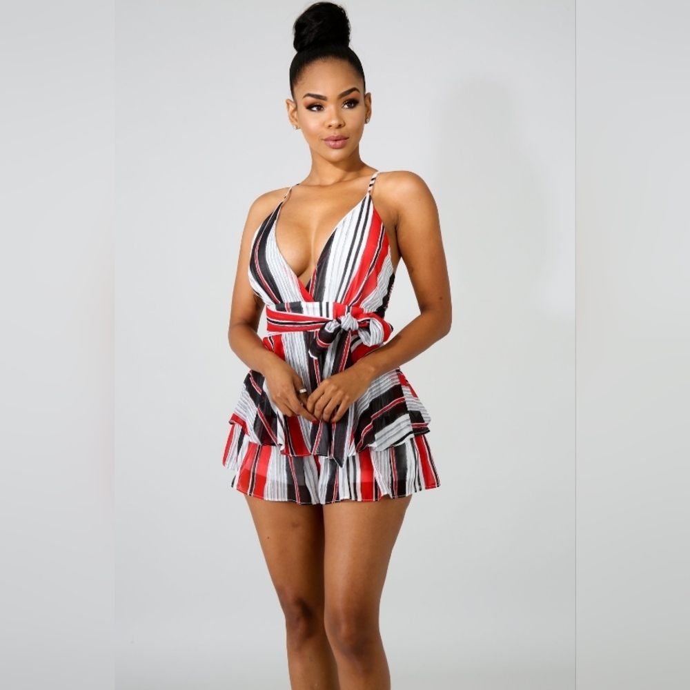 NEW! Striped Red, Black, and White Romper